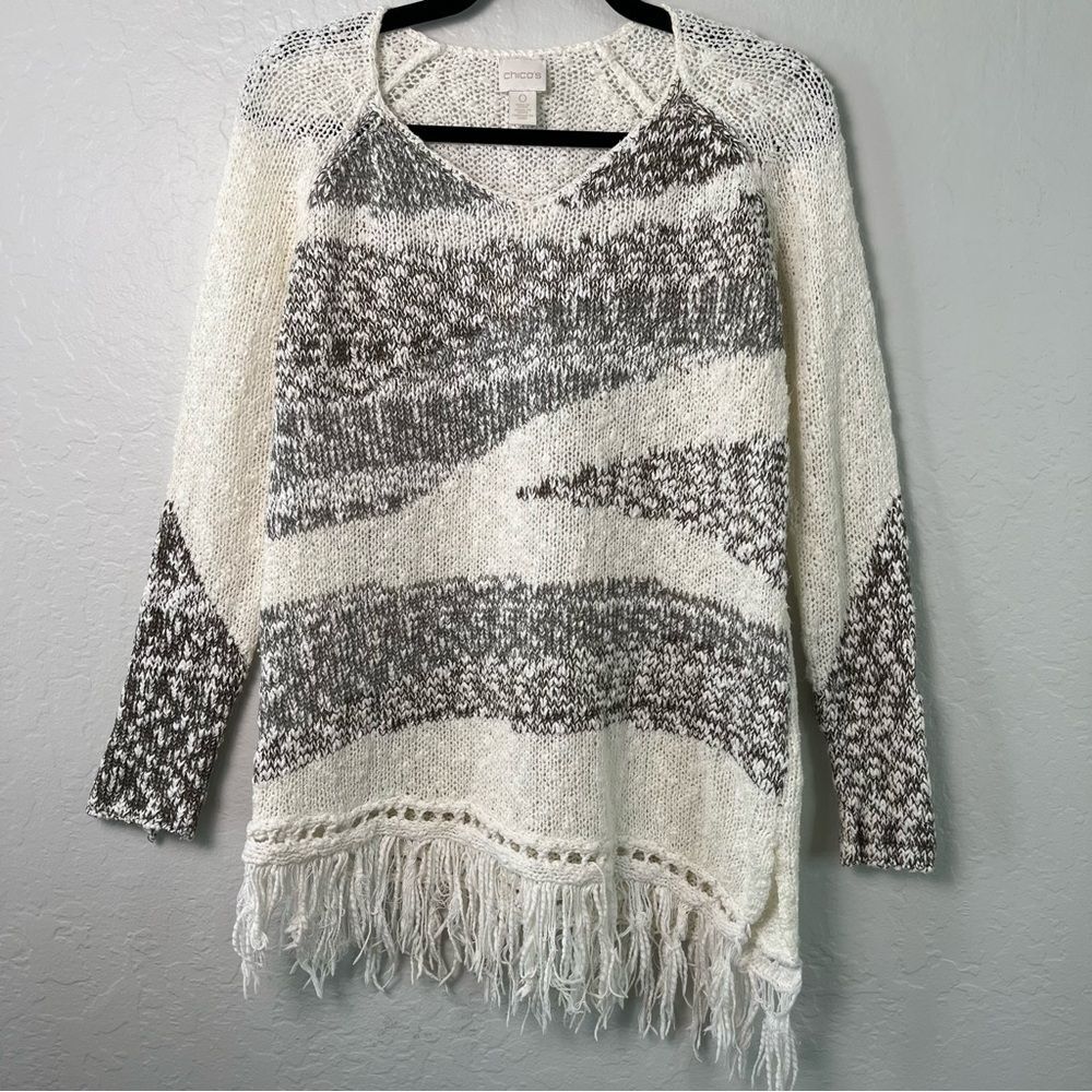 Chico's V-Neck Sweater Size 0 Small Cream Gray Fringe Hem Boho Western Artsy
